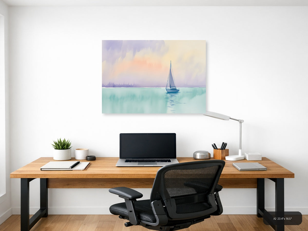 Sailboat on Turquoise Waters Watercolor Wall Art — A2 / Office