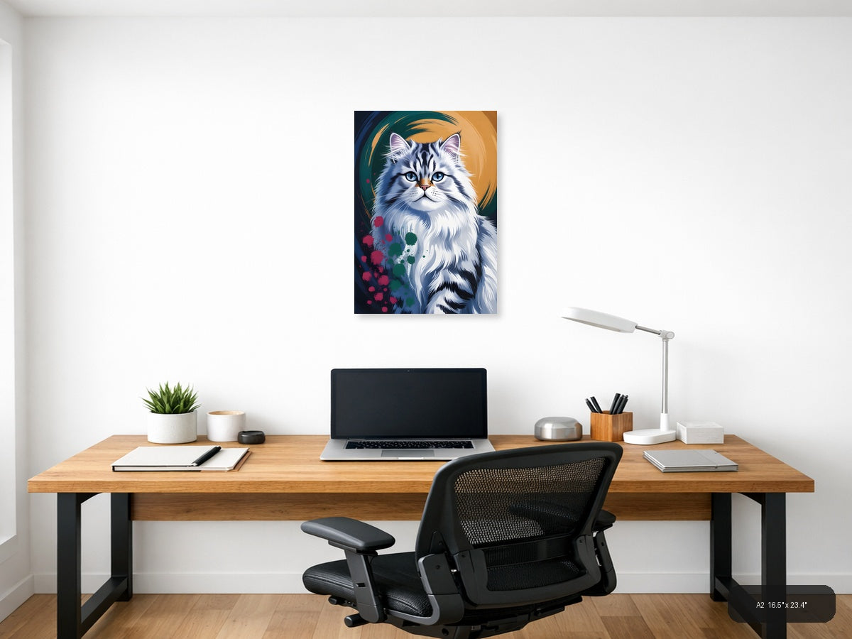 Blue-Eyed White Cat Abstract Portrait Wall Art — A2 / Office