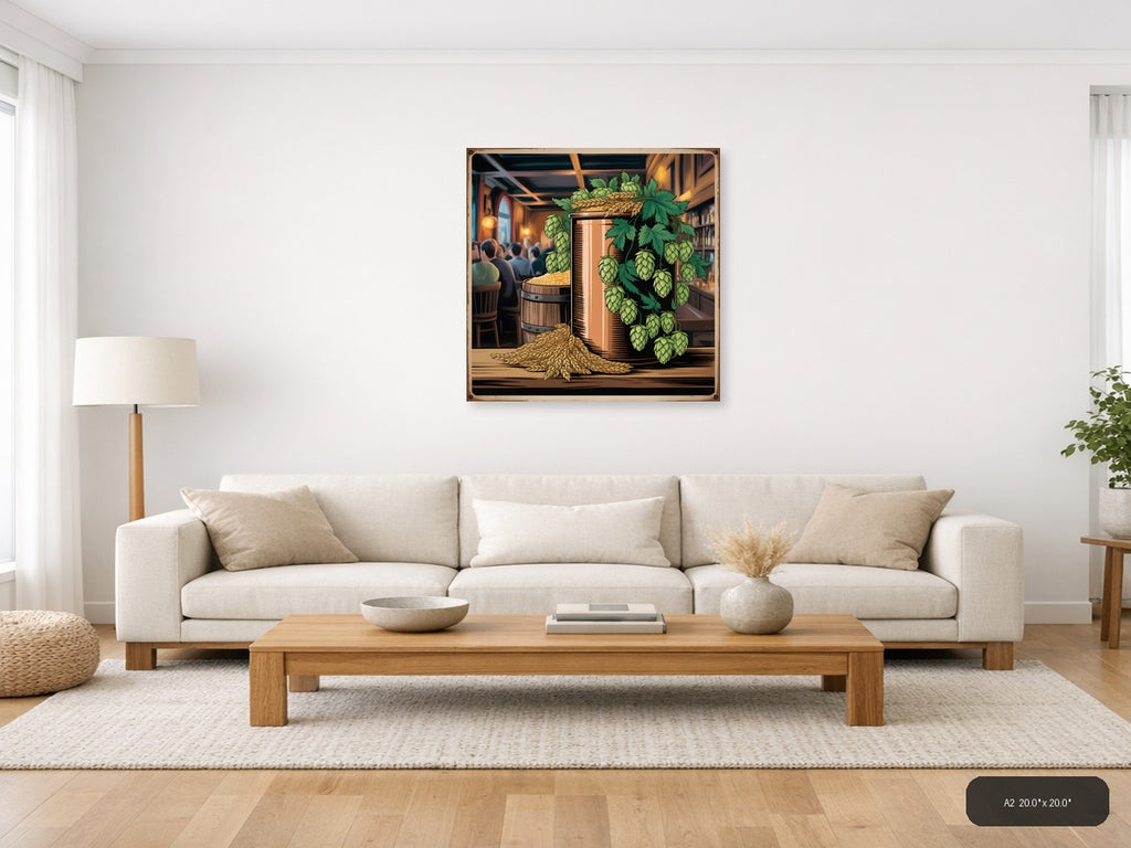 Vintage Brewery Scene with Hops & Barrel Wall Art — A2 / Living Room