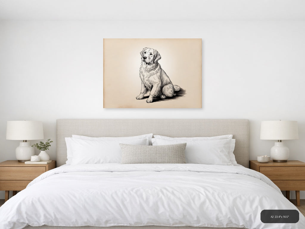 Golden Retriever Sitting Portrait Line Art Wall Art — A2 / Bedroom
