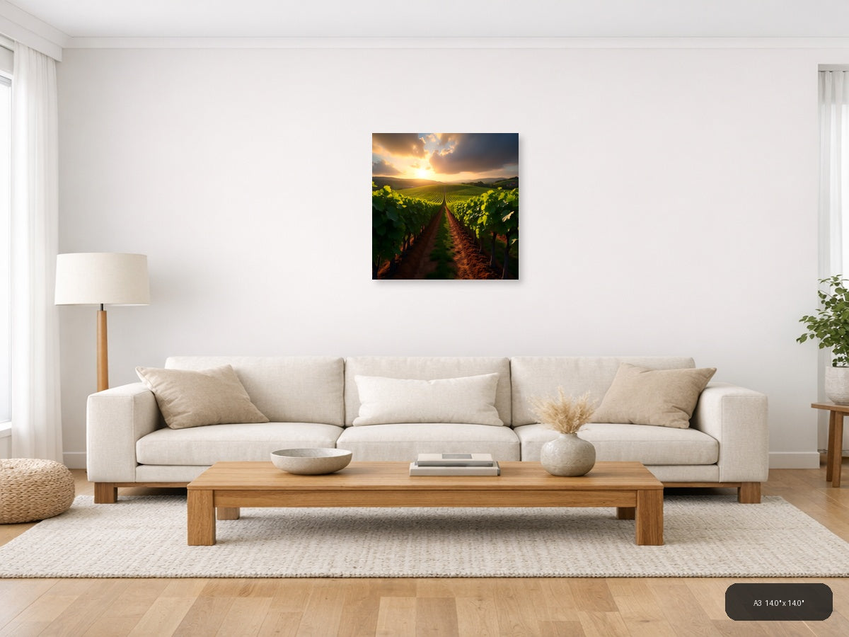 Golden Sunset Vineyard Landscape Photography Wall Art — A3 / Living Room