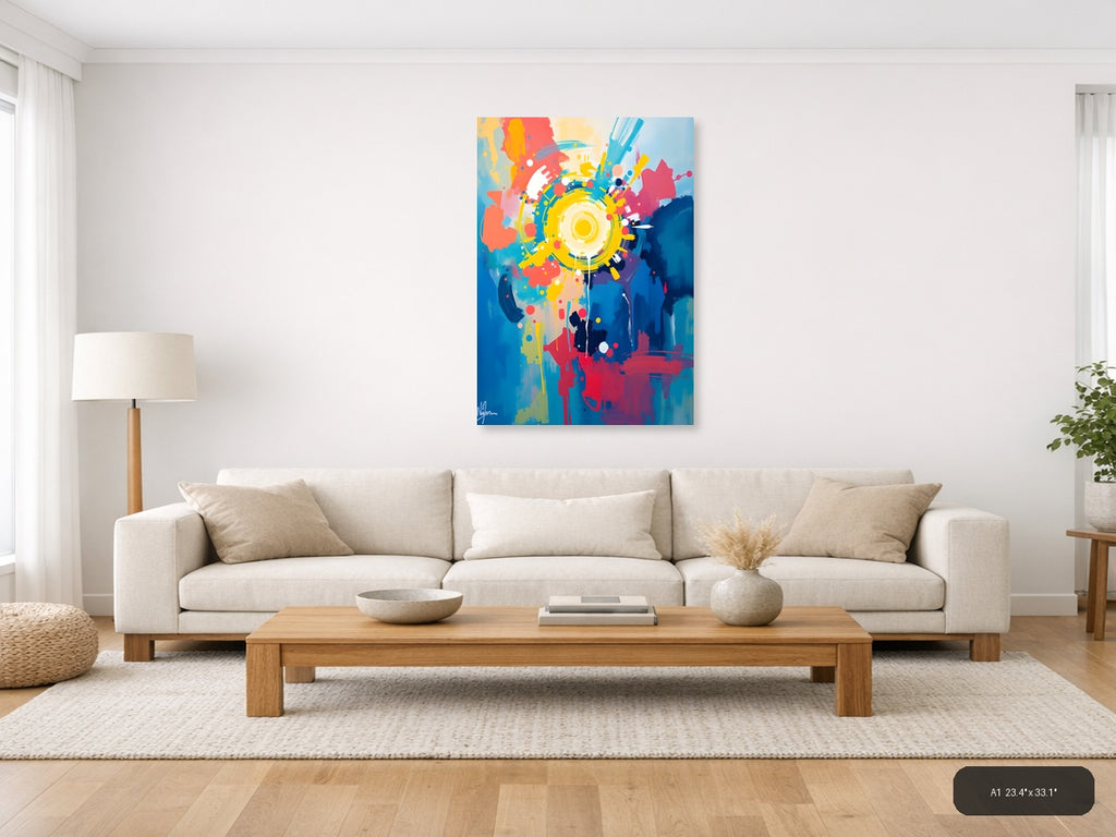 Vibrant Abstract Gear Head Burst Yellow Wall Art — A1 / Living Room