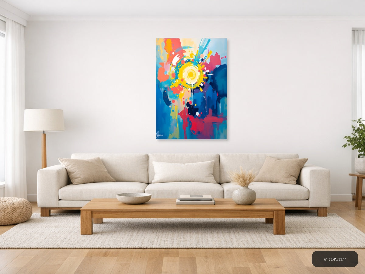 Vibrant Abstract Gear Head Burst Yellow Wall Art — A1 / Living Room