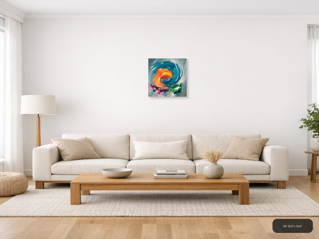 Vibrant Spiral Abstract Orange & Teal Canvas Wall Art — A4 / Living Room