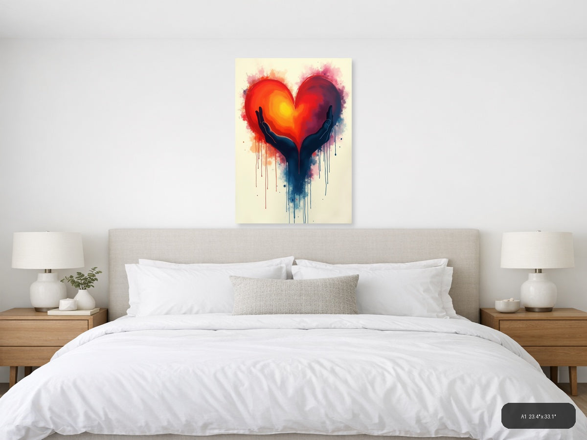 Hands Holding Glowing Heart Abstract Watercolor Wall Art — A1 / Bedroom