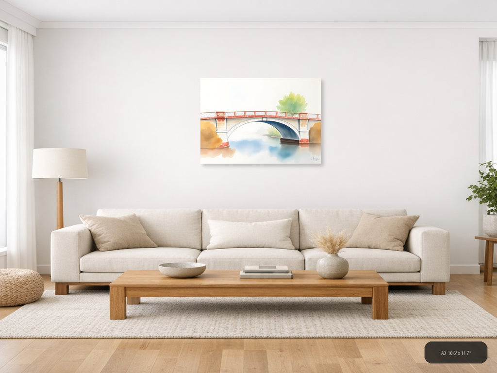 Watercolor Bridge Over Calm Water - Landscape Wall Art — A3 / Living Room