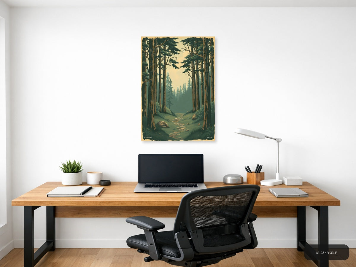 Vintage Forest Path Through Tall Trees Wall Art — A1 / Office