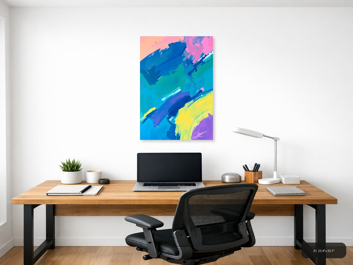 Vibrant Abstract Brushstrokes Neon Blue Pink Yellow Wall Art — A1 / Office