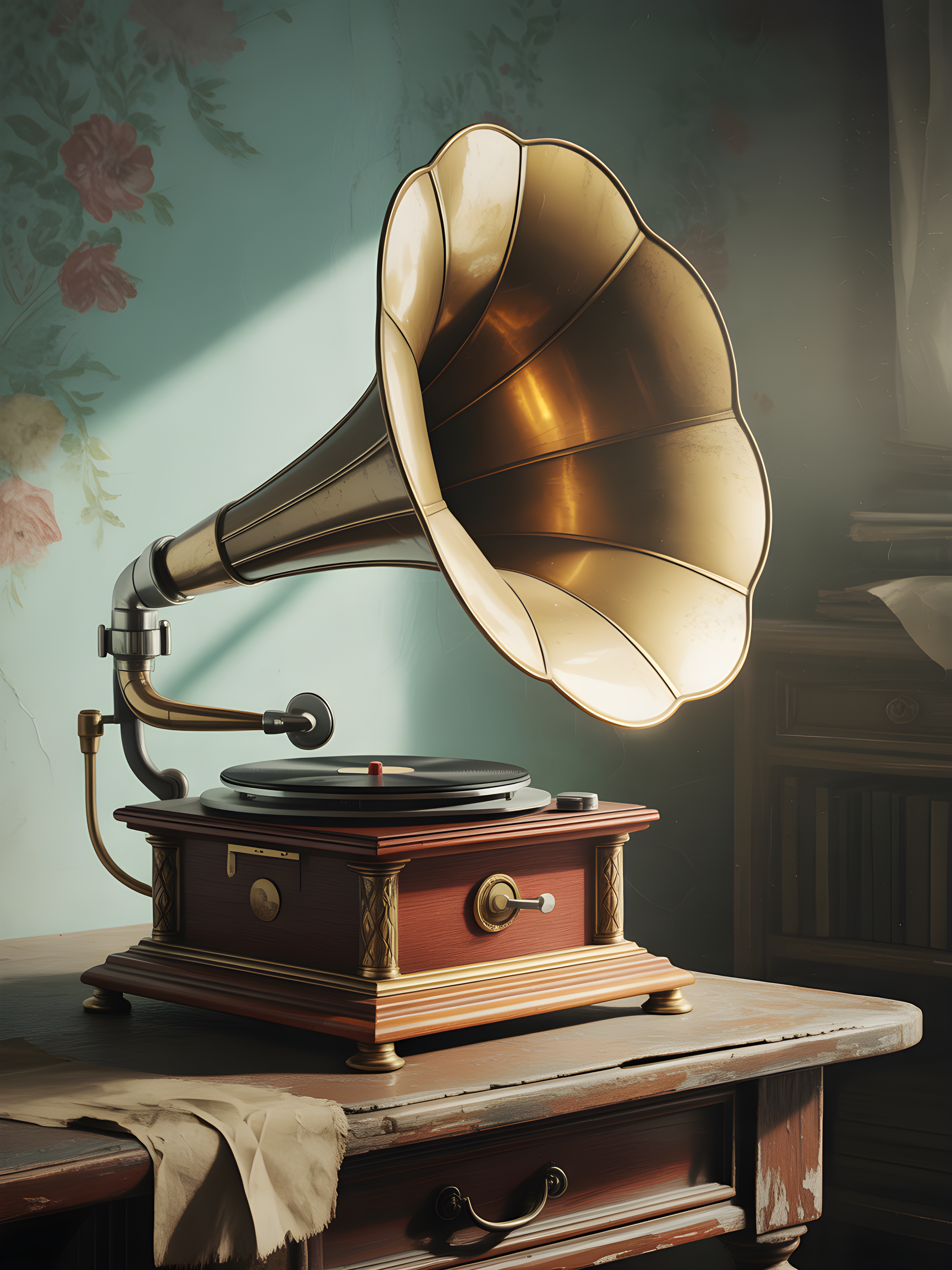 Vintage Gramophone with Brass Horn Wall Art