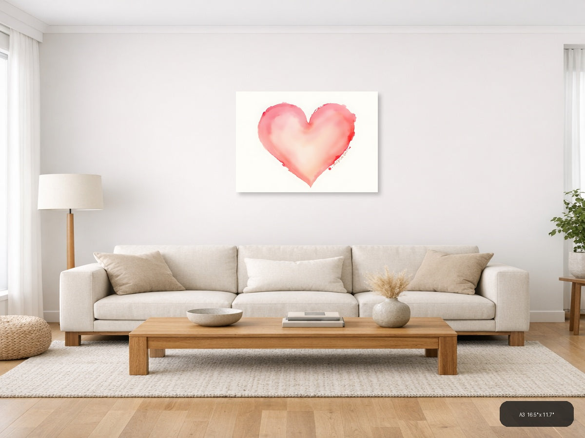 Pink Watercolor Heart Wall Art — A3 / Living Room