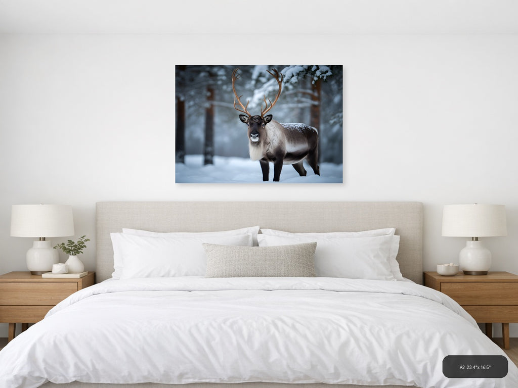 Majestic Reindeer in Snowy Forest Photography Wall Art — A2 / Bedroom