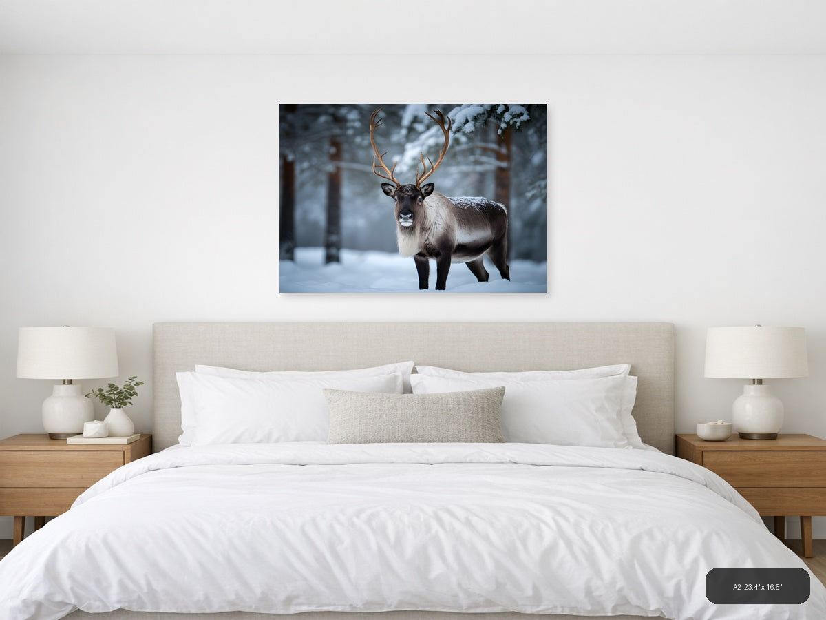 Majestic Reindeer in Snowy Forest Photography Wall Art — A2 / Bedroom