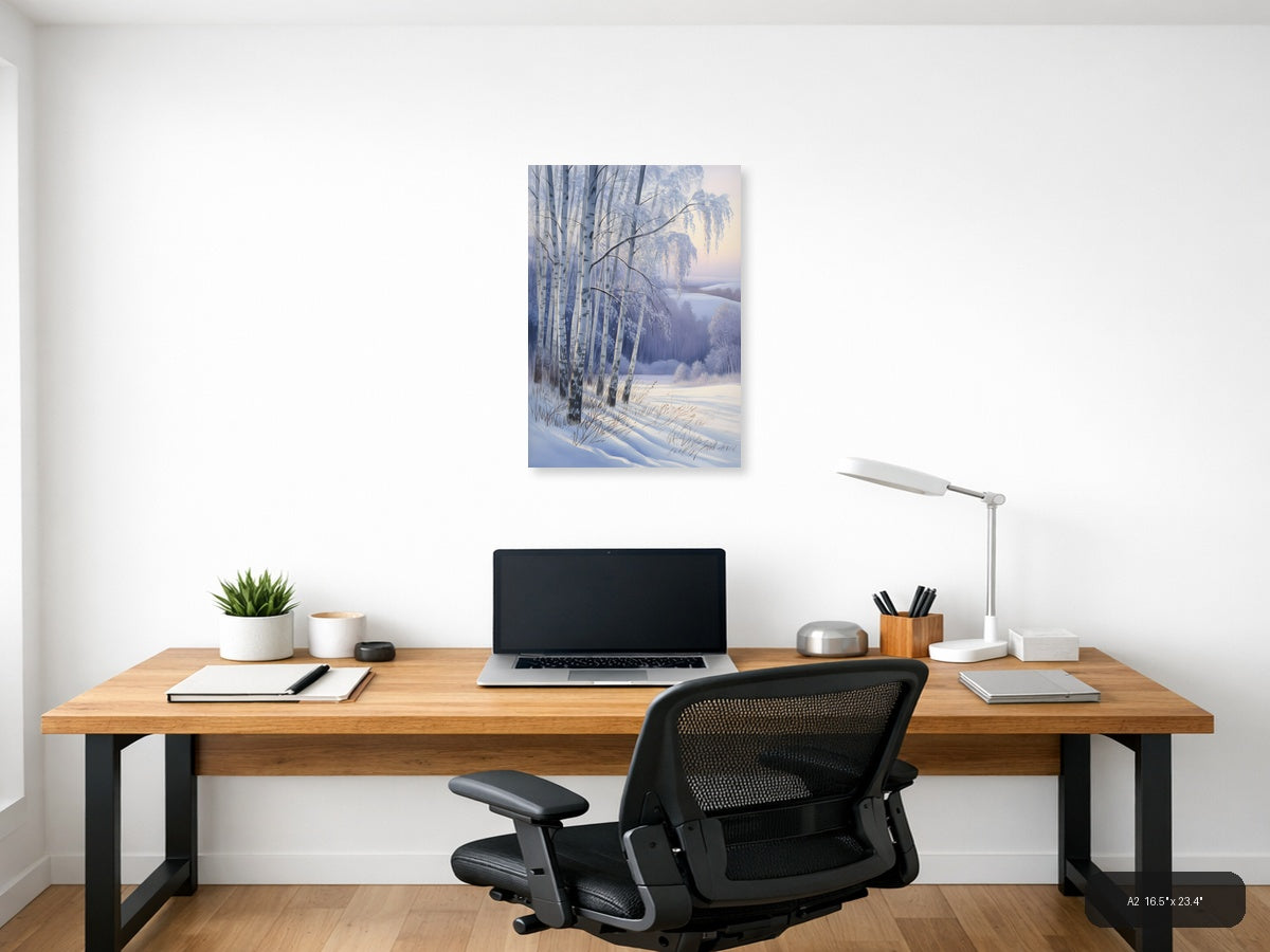 Frozen Birch Trees by Winter Lake Watercolor Wall Art — A2 / Office