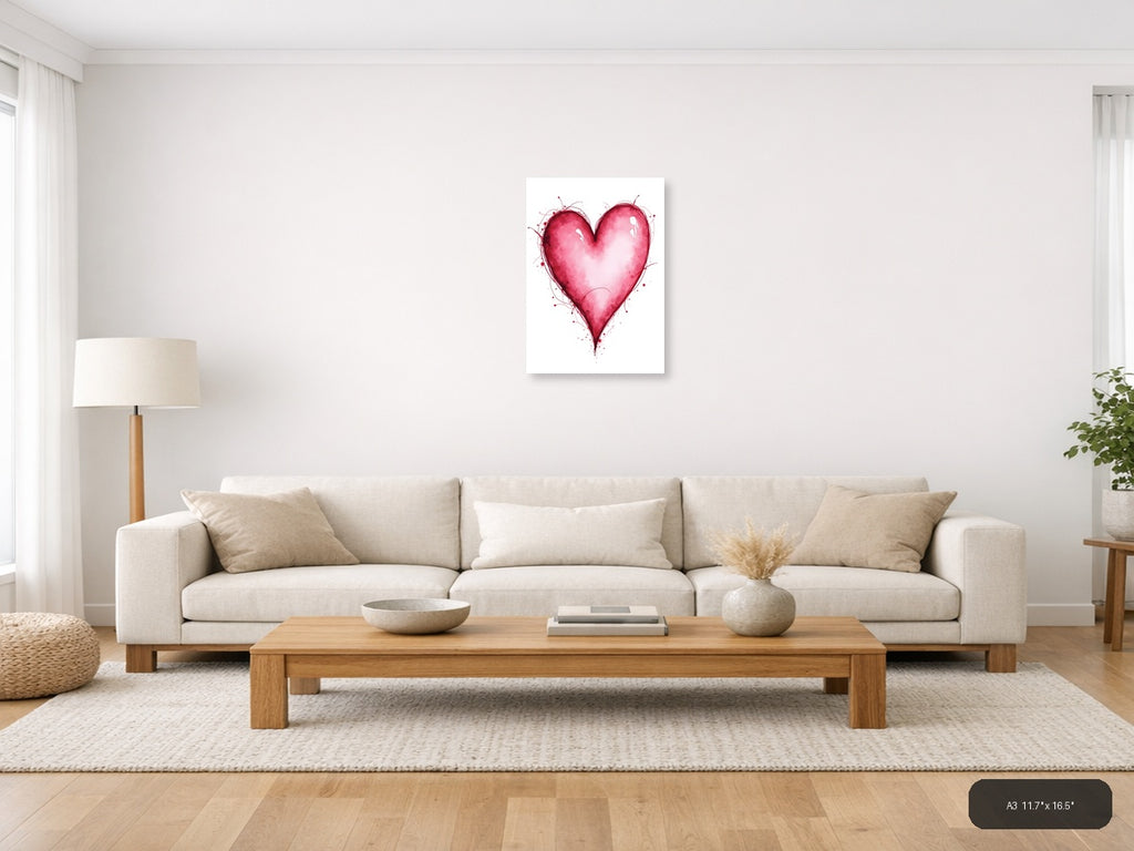 Pink Watercolor Heart with Line Art Splatter Wall Art — A3 / Living Room