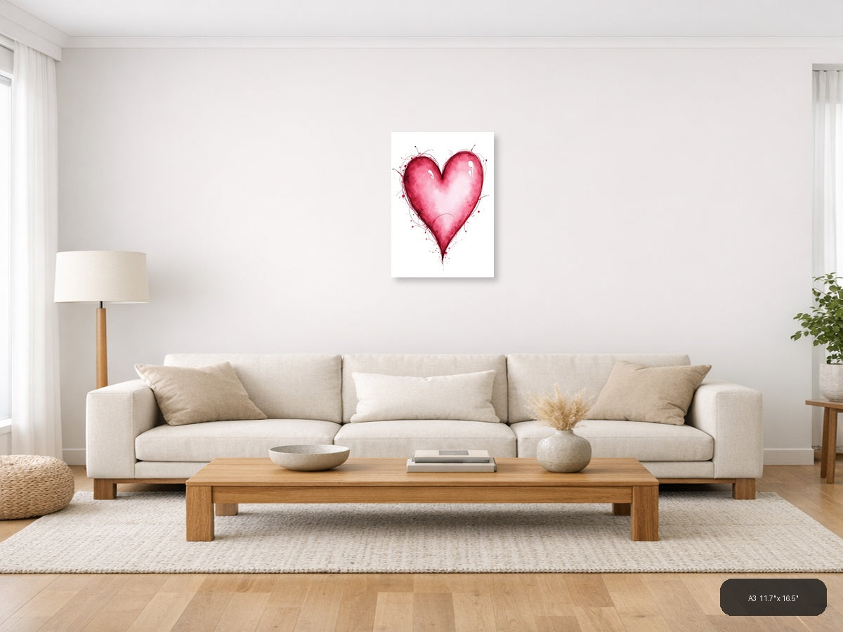 Pink Watercolor Heart with Line Art Splatter Wall Art — A3 / Living Room