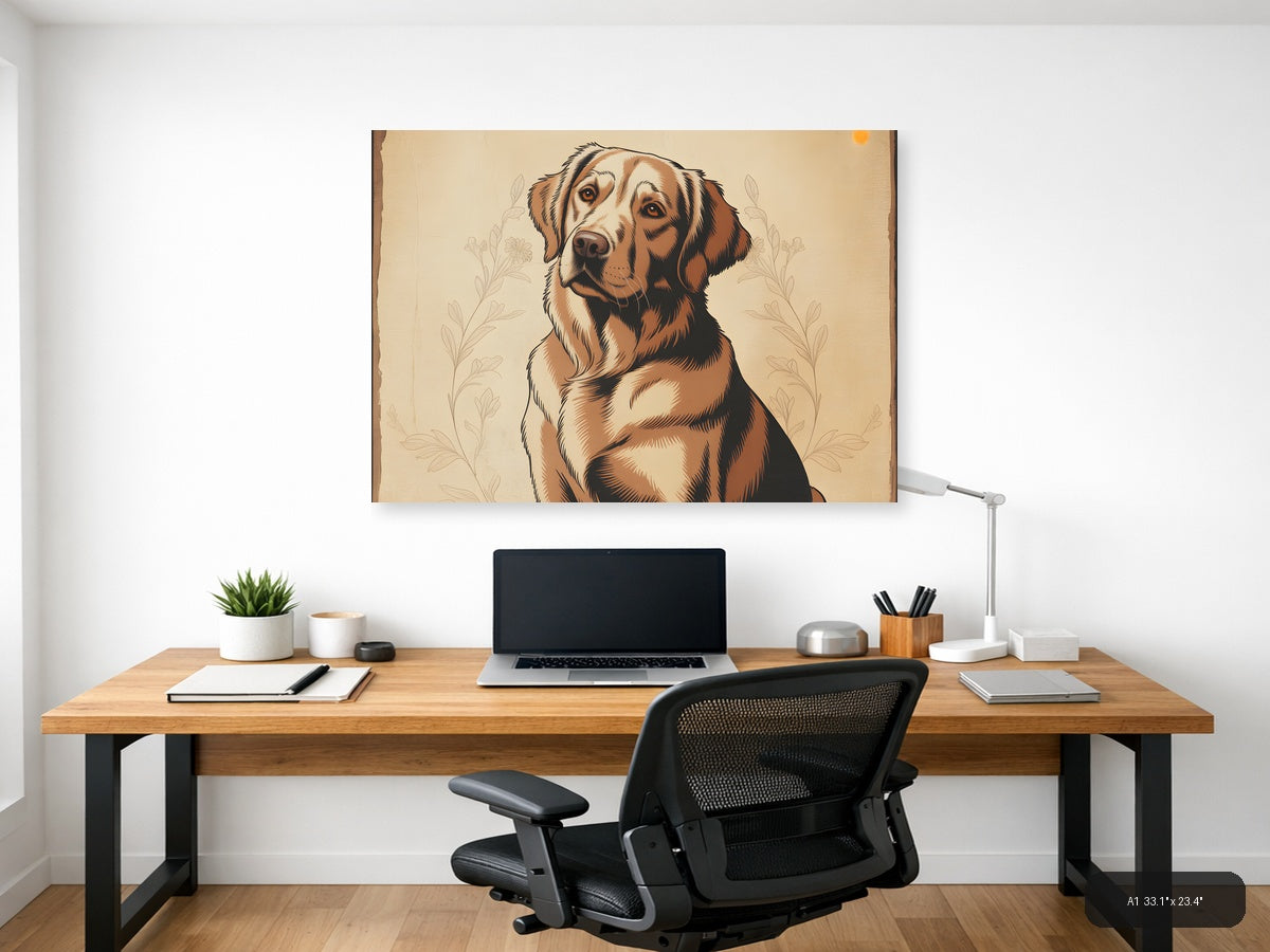 Brown & White Dog Portrait Vintage Style Wall Art — A1 / Office