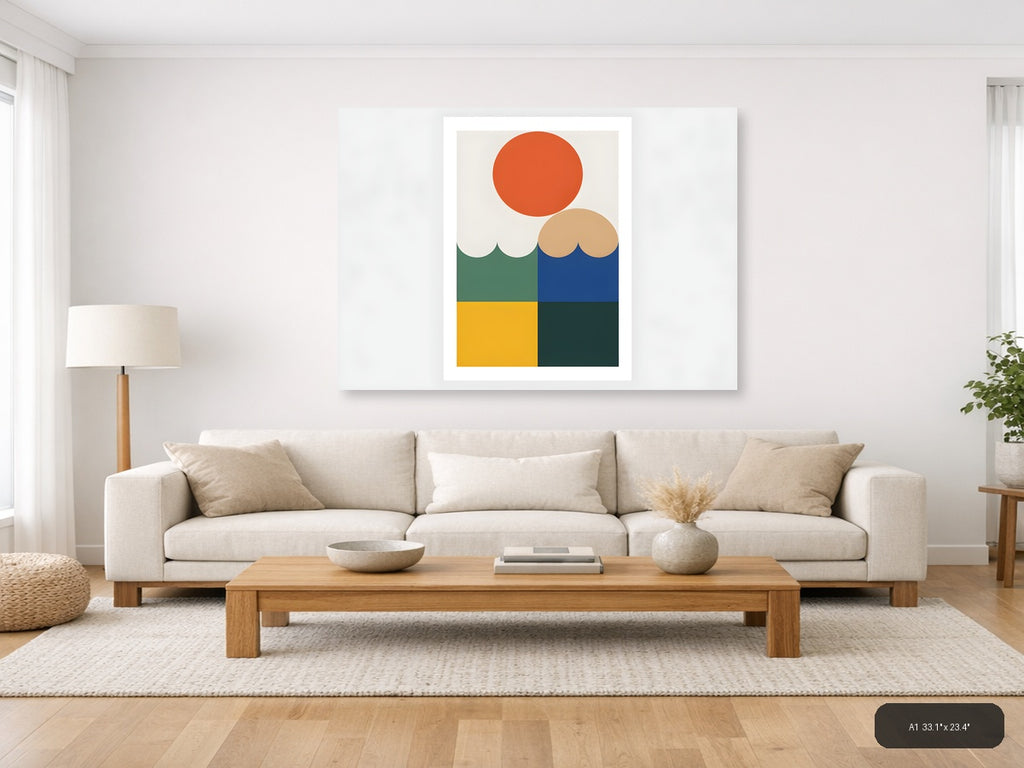 Minimalist Geometric Landscape with Sun and Water Wall Art — A1 / Living Room