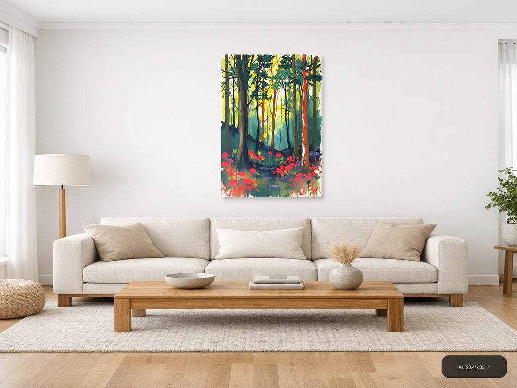 Forest Path with Red Flowers Abstract Wall Art — A1 / Living Room