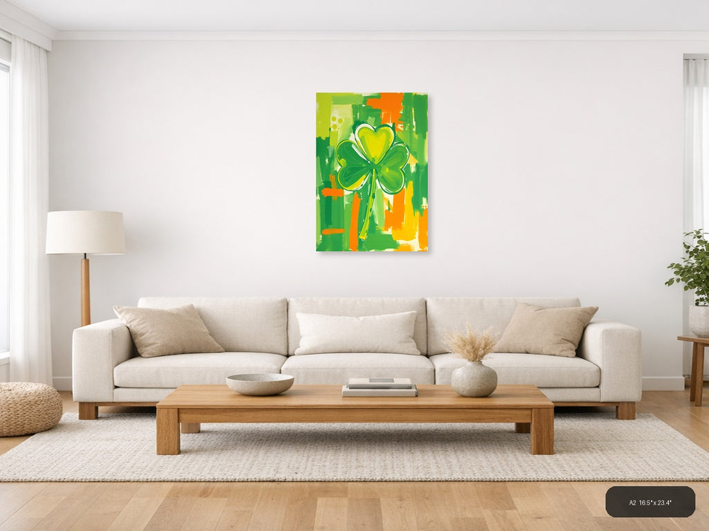 Abstract Four Leaf Clover with Heart - Green Wall Art — A2 / Living Room