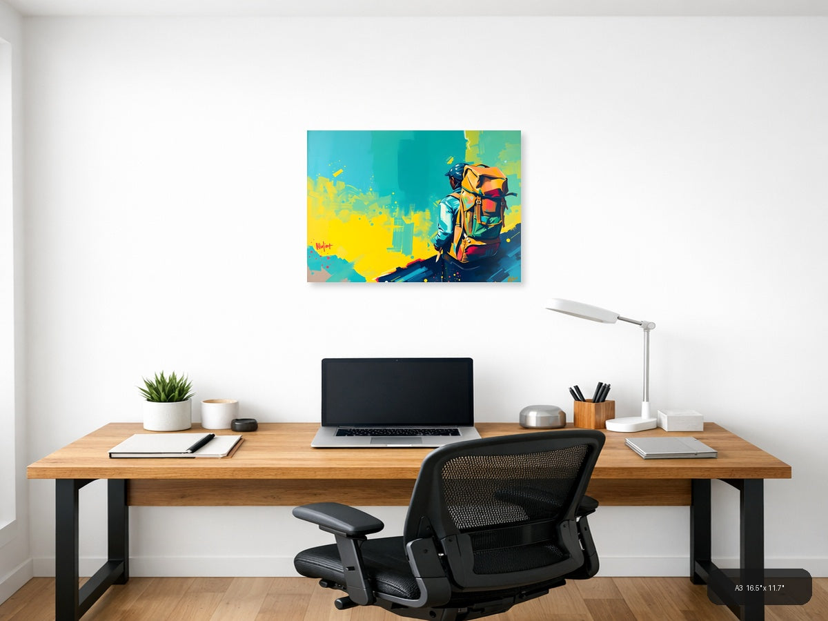 Colorful Adventurer with Backpack Abstract Wall Art — A3 / Office