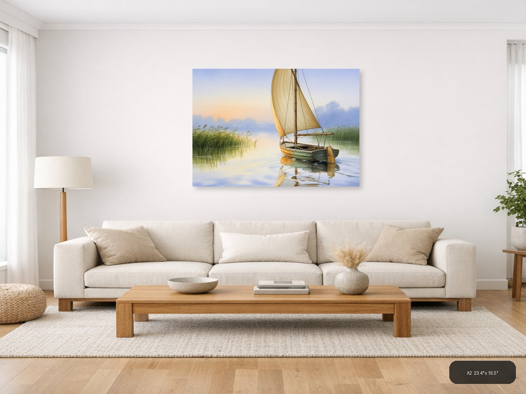 Boat — Watercolor (Landscape) Canvas Print | Watercolor Wall Art | A4 A3 A2 A1 — A2 / Living Room