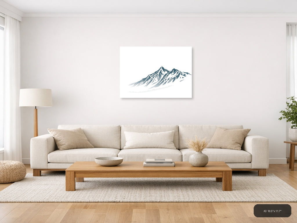 Minimalist Snow-Capped Mountain Peak Wall Art — A3 / Living Room