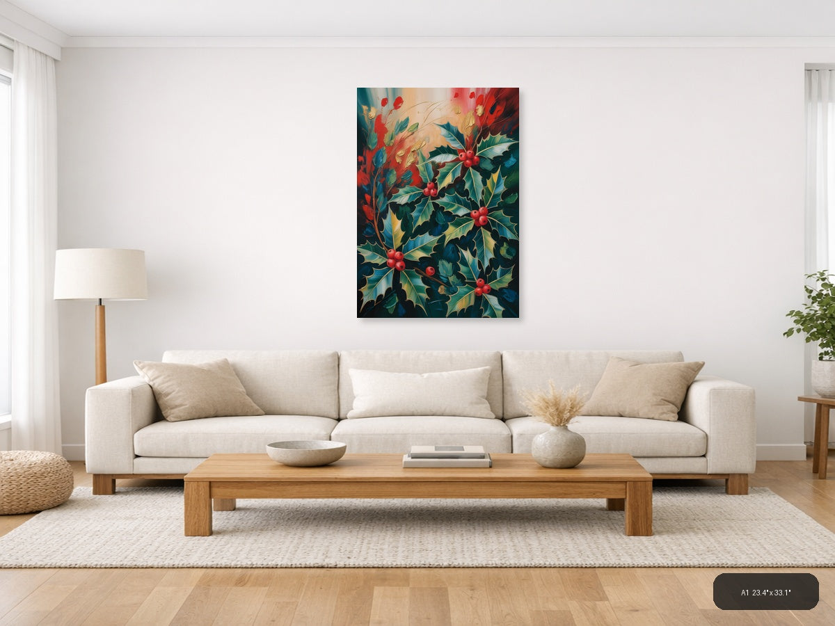 Holly Berry Abstract Botanical Portrait Wall Art — A1 / Living Room