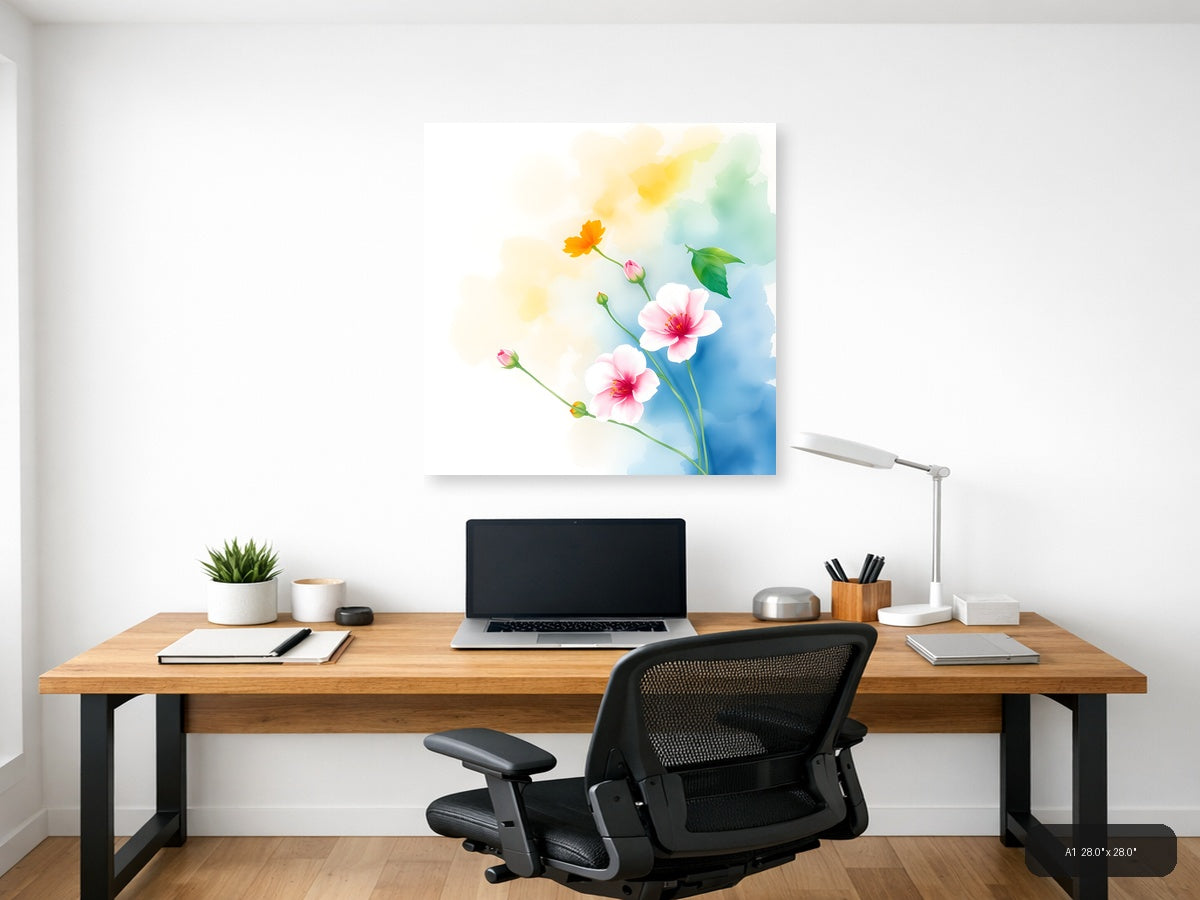 Watercolor Pink & Yellow Flowers on Blue Wall Art — A1 / Office