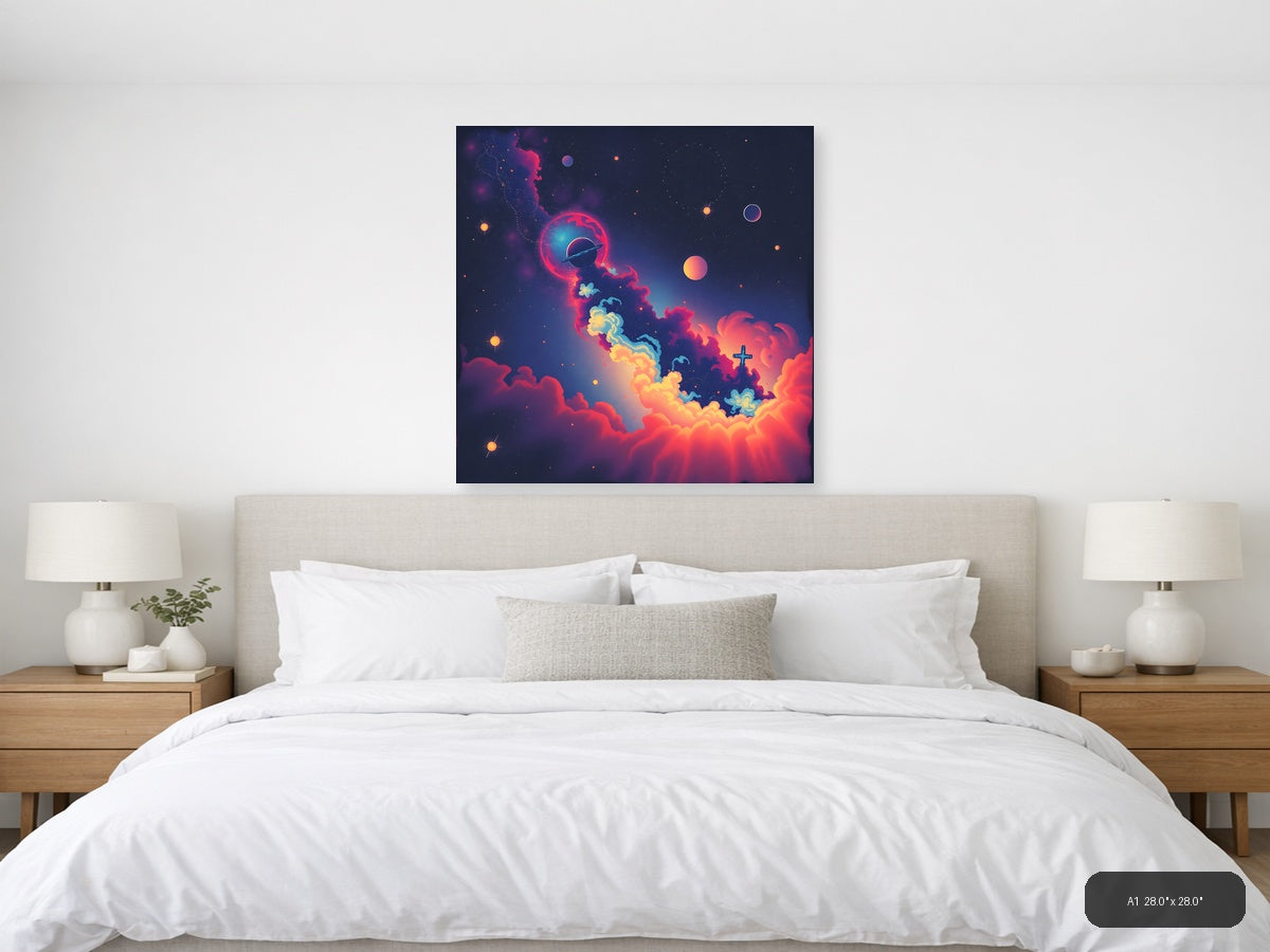 Vintage Cosmic Space Scene with Planet & Cross Wall Art — A1 / Bedroom