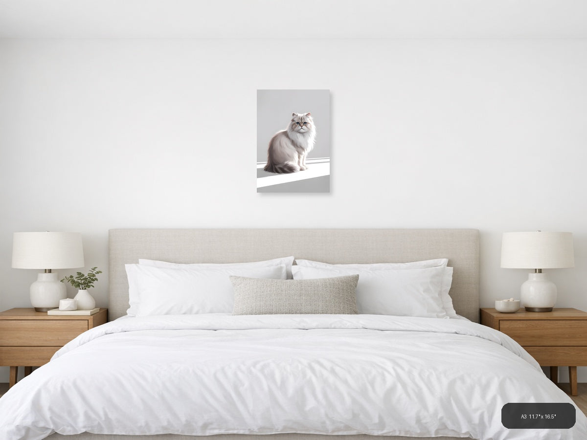 Fluffy White Cat with Blue Eyes Minimalist Wall Art — A3 / Bedroom