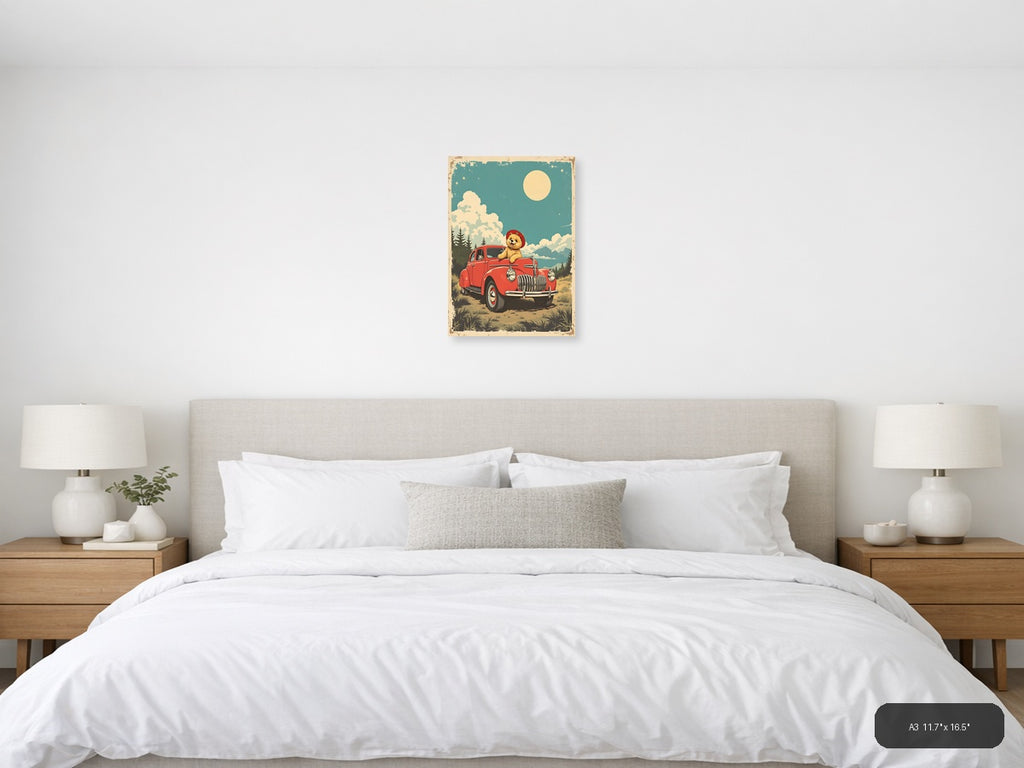 Vintage Teddy Bear in Red Truck Moonlight Wall Art — A3 / Bedroom