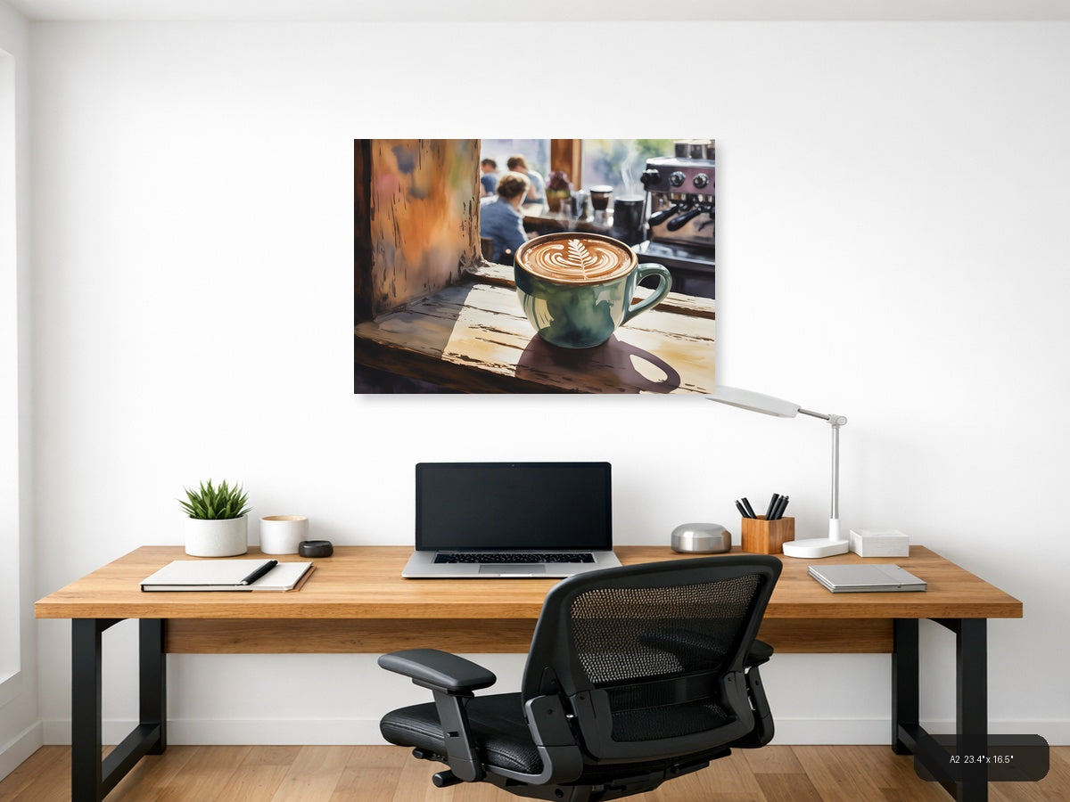 Latte Art Café Window - Watercolor Wall Art — A2 / Office