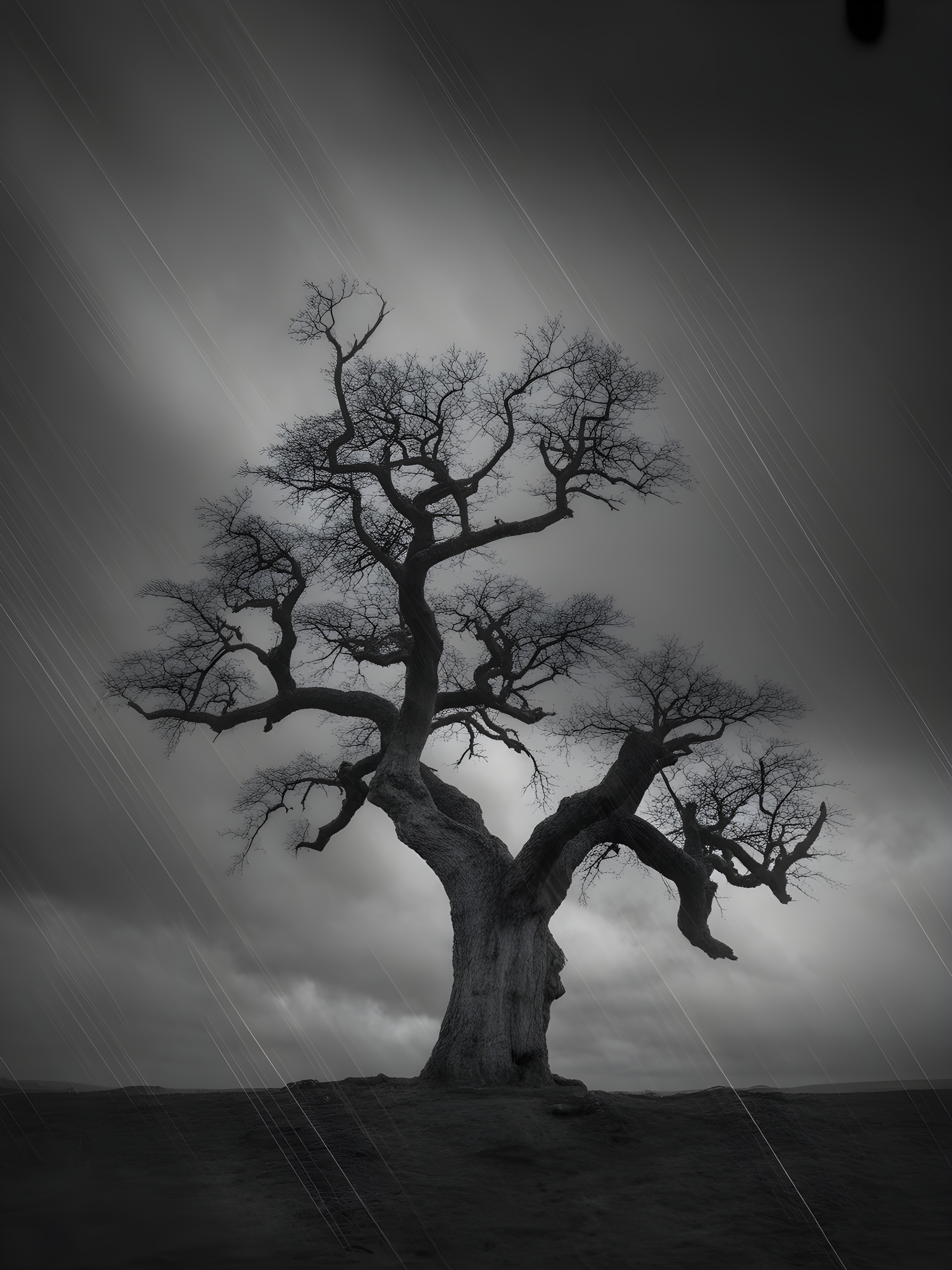Bare Tree in Storm Rain Black and White Photography Wall Art