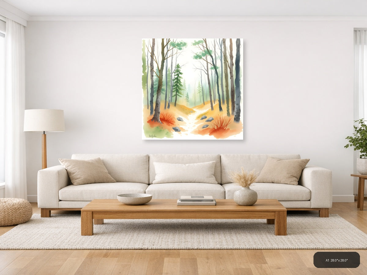 Misty Forest Stream Watercolor Wall Art — A1 / Living Room