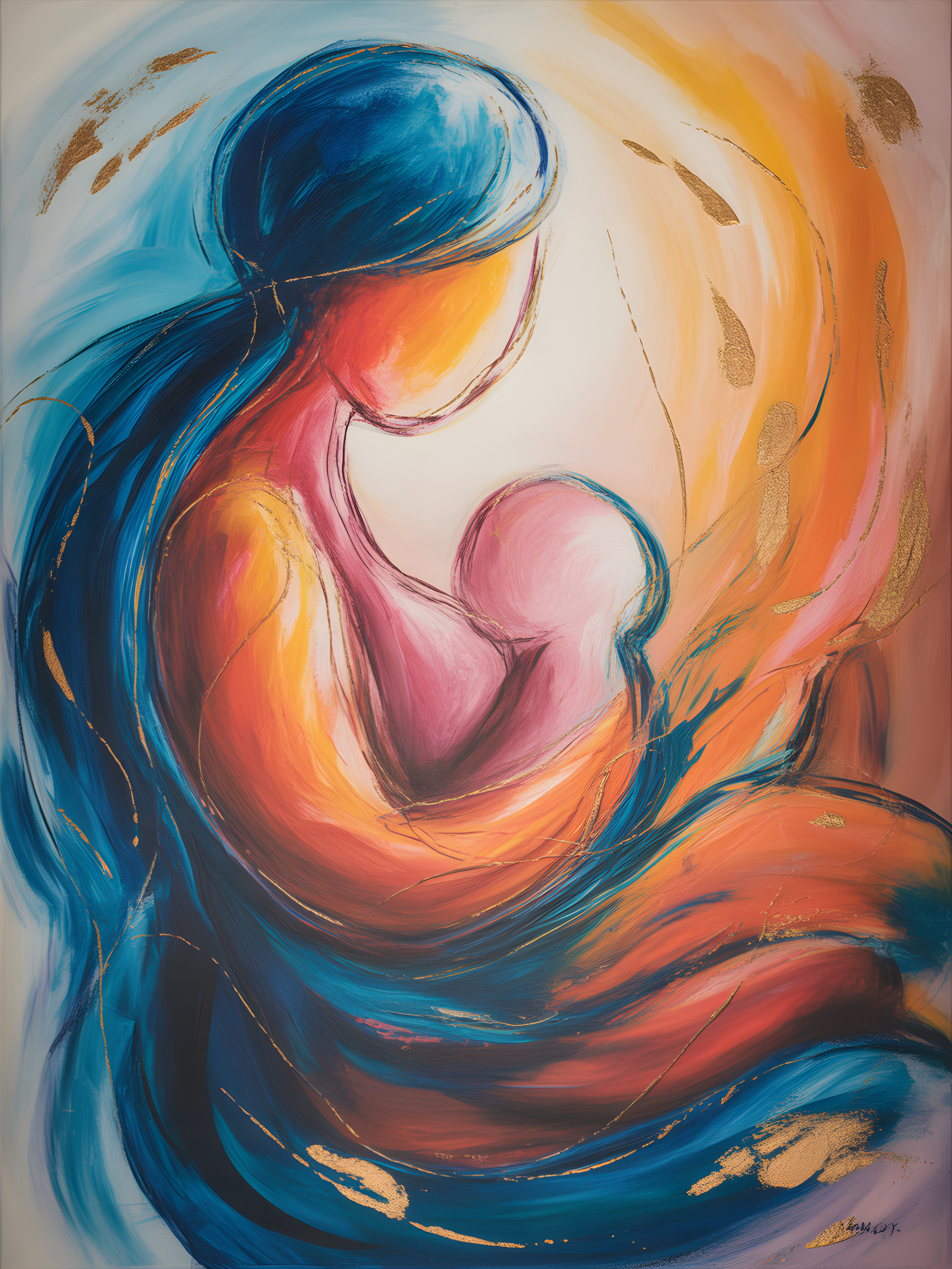 Abstract Mother and Child Embrace Blue Orange Wall Art