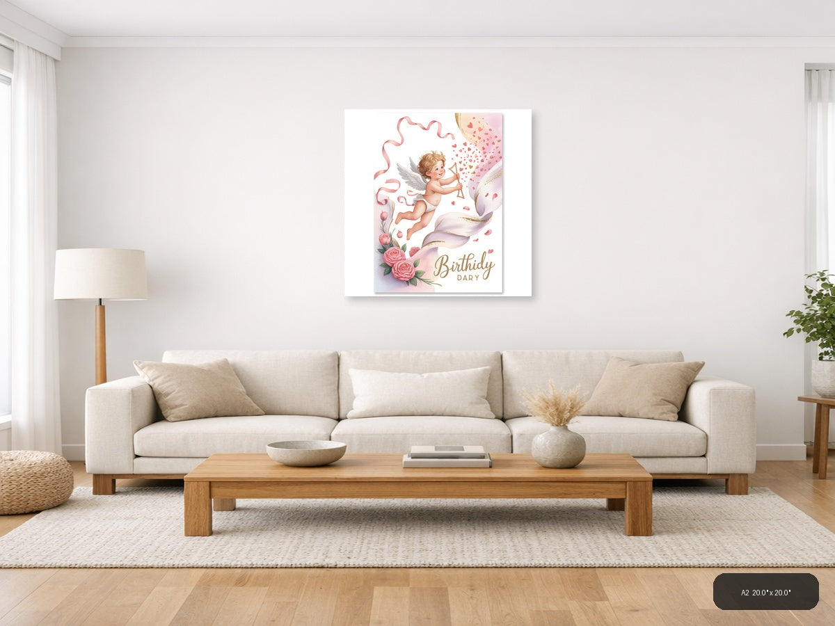 Cupid Birthday Dary Watercolor Angel Wings Wall Art — A2 / Living Room