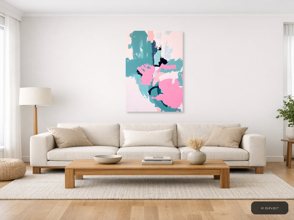 Abstract Teal Pink Black Brushstroke Map Wall Art — A1 / Living Room