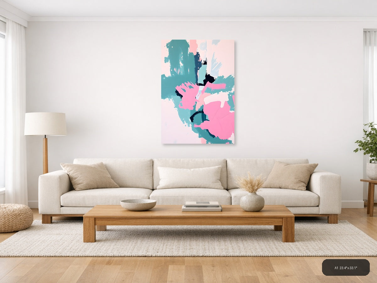 Abstract Teal Pink Black Brushstroke Map Wall Art — A1 / Living Room