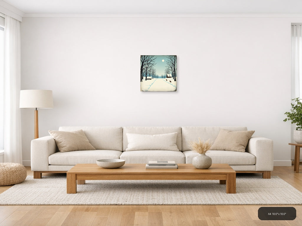 Vintage Winter Landscape with Cabin and Moon Wall Art — A4 / Living Room