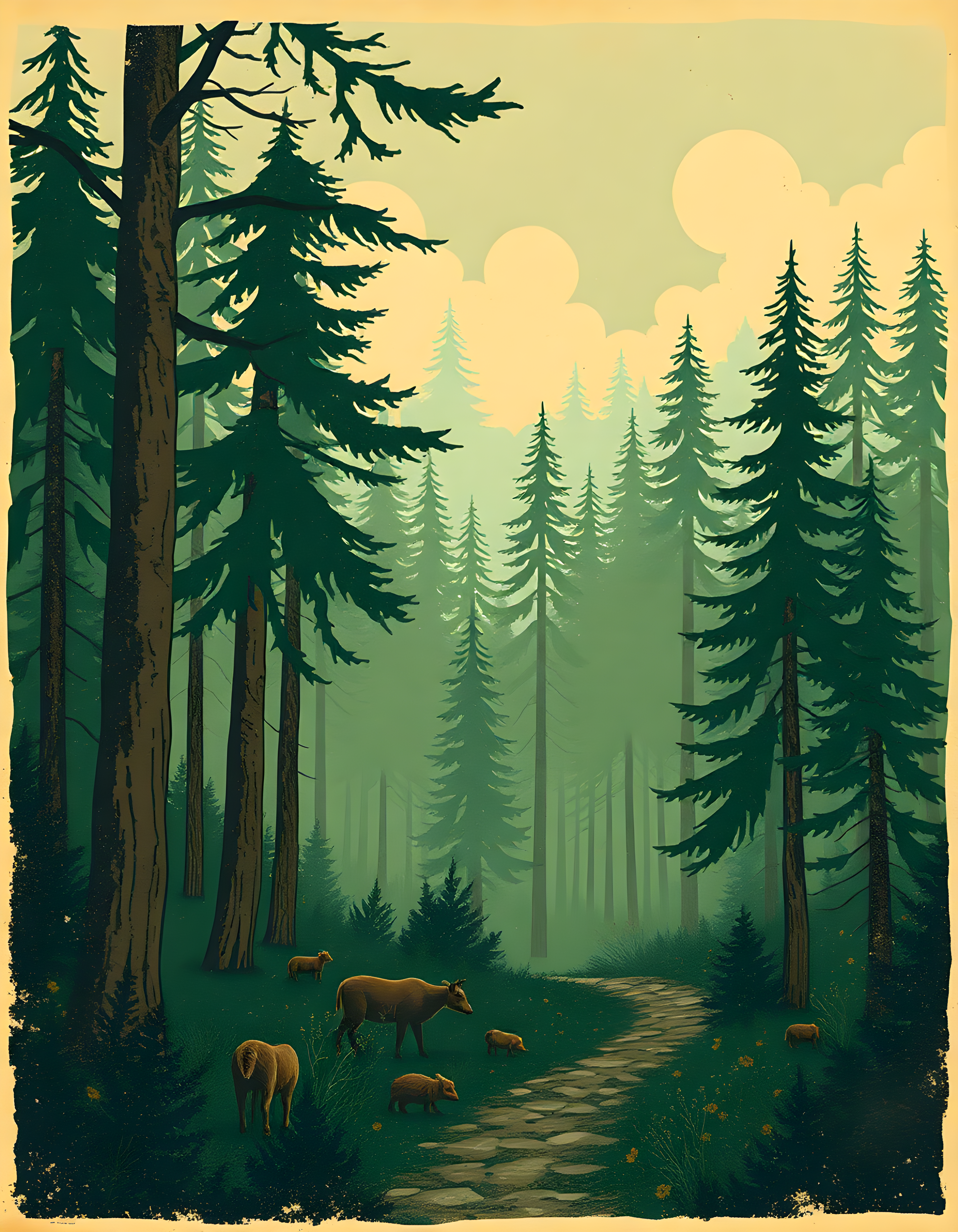 Vintage Forest Path with Deer - Evergreen Trees Wall Art