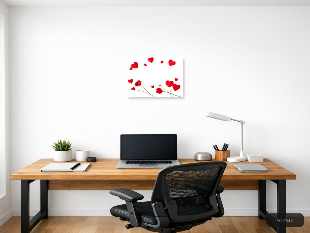 Red Hearts and Roses Minimalist Landscape Wall Art — A4 / Office