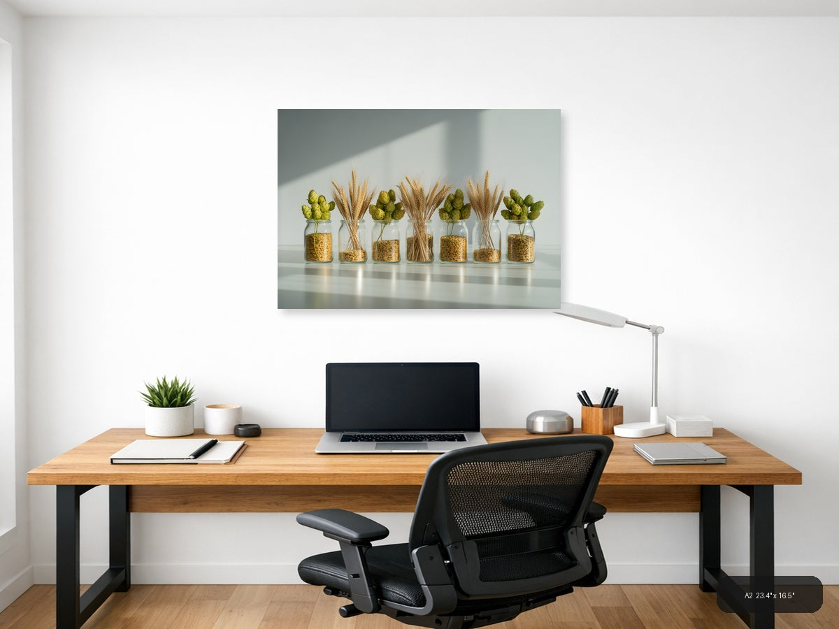 Minimalist Wheat & Hops Jars Still Life Wall Art — A2 / Office