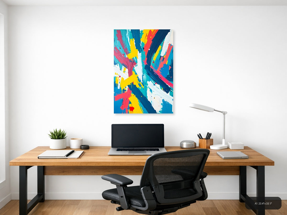 Vibrant Abstract Brush Strokes in Blue, Yellow & Red Wall Art — A1 / Office