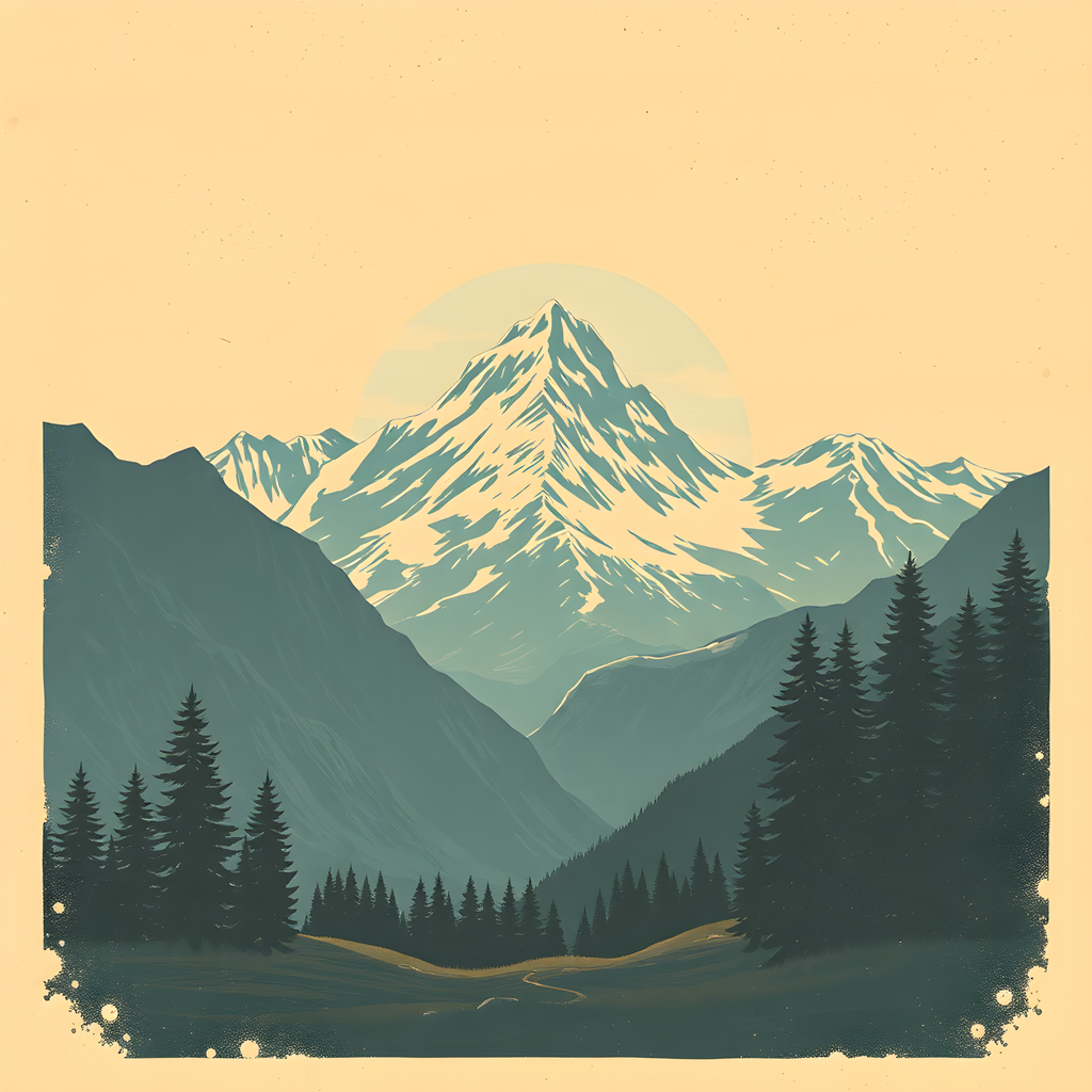 Vintage Mountain Valley with Snow Peak Wall Art