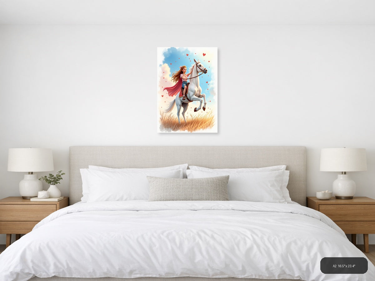 Girl on White Horse with Hearts Watercolor Wall Art — A2 / Bedroom