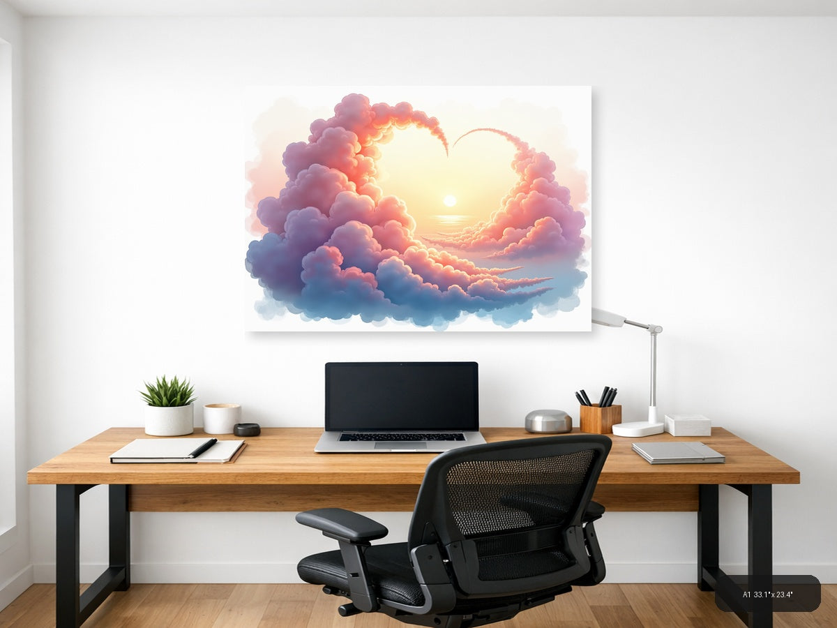 Sunset Heart Clouds Watercolor Landscape Wall Art — A1 / Office