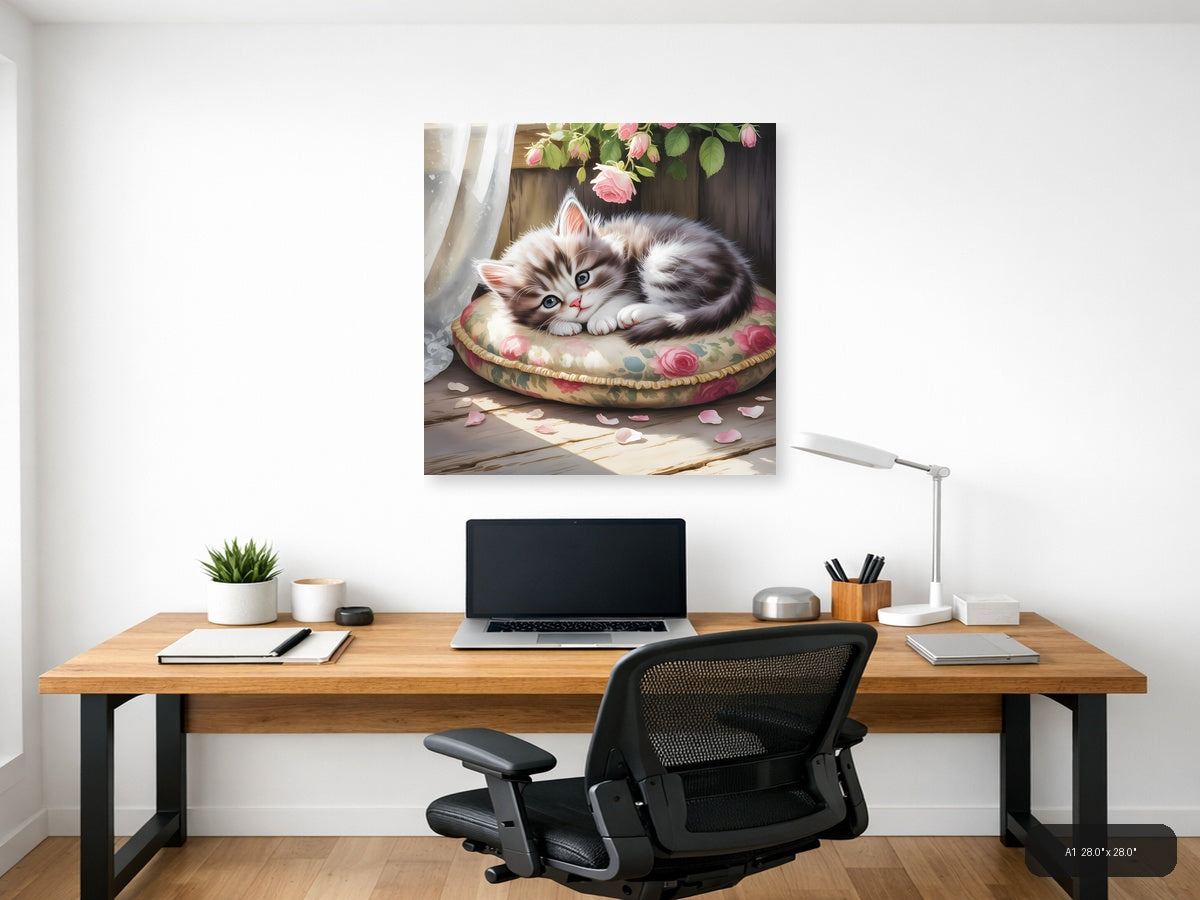 Fluffy Kitten on Floral Bed Watercolor Wall Art — A1 / Office