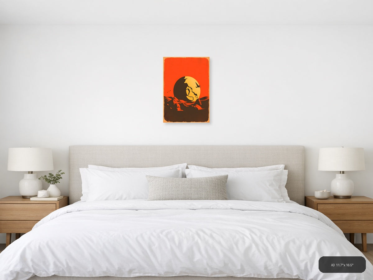 Vintage Moon Face Sunset Silhouette Wall Art — A3 / Bedroom