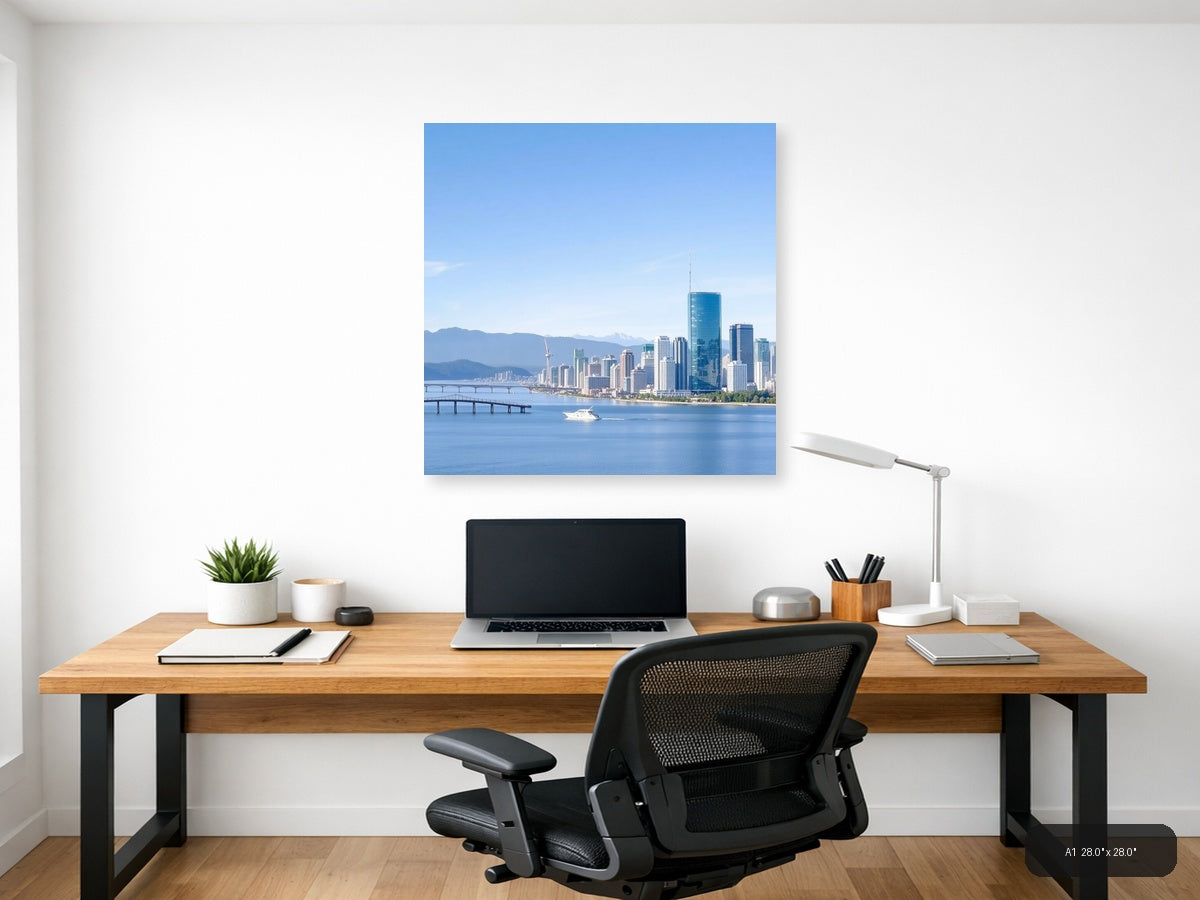 Vancouver Skyline Blue Water Mountains Minimalist Wall Art — A1 (Office)