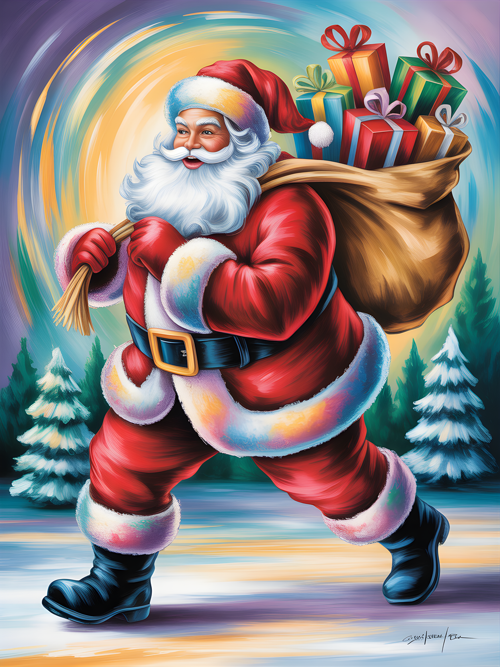 Jolly Santa with Gift Sack Winter Wall Art